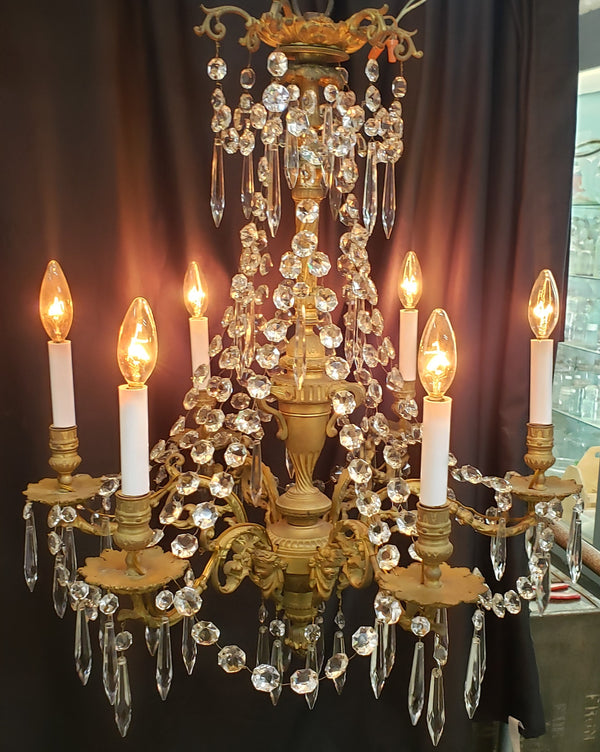 Restored Early Dury Bronze Electrified 6 Light Crystal Prism Chandelier #GA2198