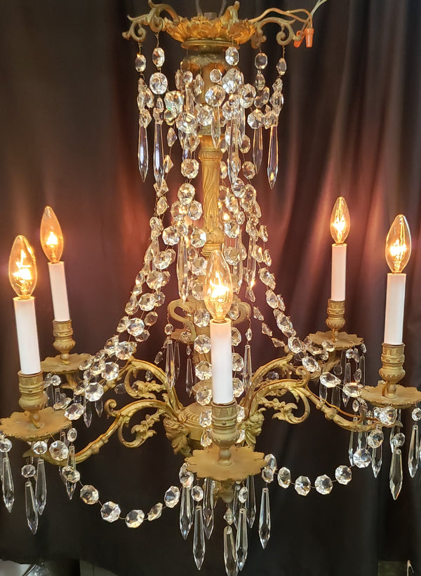 Restored Early Dury Bronze Electrified 6 Light Crystal Prism Chandelier #GA2198