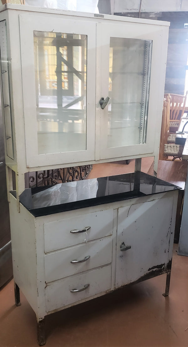 Antique Steel Step Back Medical Cabinet with Bullet Glass & Storage Drawers #GA2226