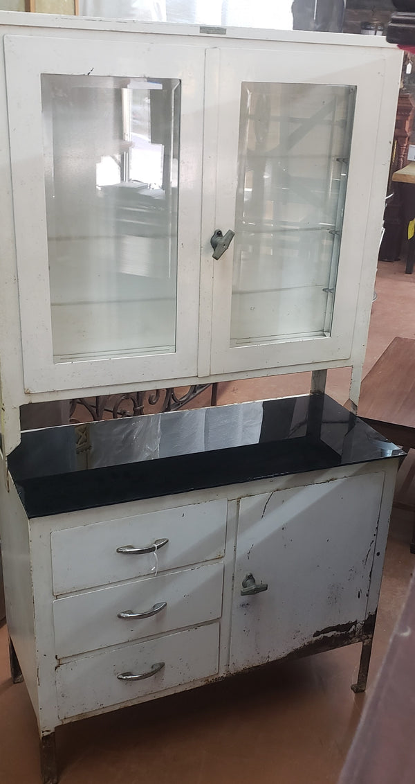 Antique Steel Step Back Medical Cabinet with Bullet Glass & Storage Drawers #GA2226