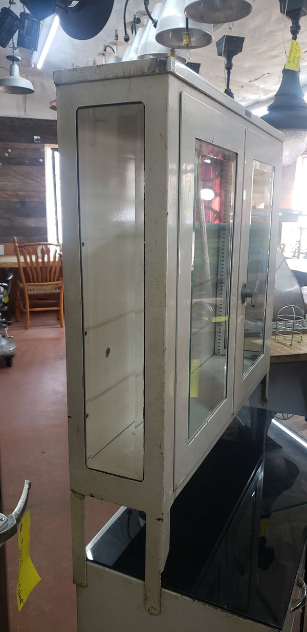Antique Steel Step Back Medical Cabinet with Bullet Glass & Storage Drawers #GA2226