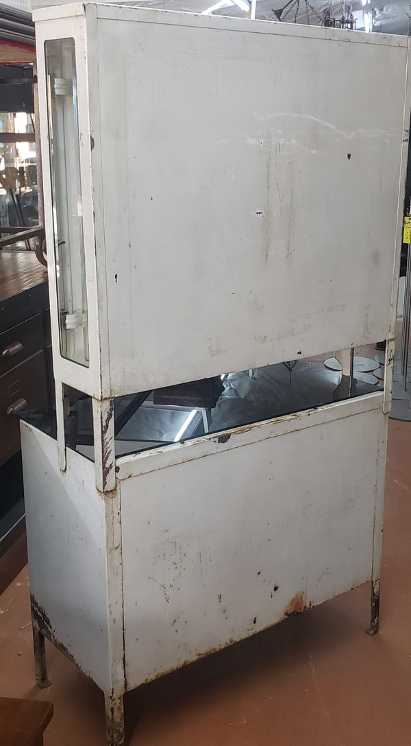 Antique Steel Step Back Medical Cabinet with Bullet Glass & Storage Drawers #GA2226