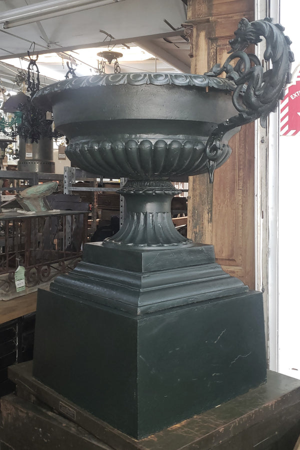 Large Black Cast Iron  Double Griffin Urn on Pedestal with Square Bottom Base #GA2248