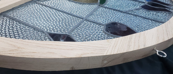 Half Moon Stained Glass Window with Red Tulips in Red Oak Frame #GA2263