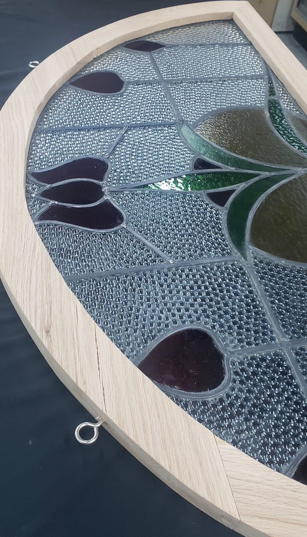 Half Moon Stained Glass Window with Red Tulips in Red Oak Frame #GA2263