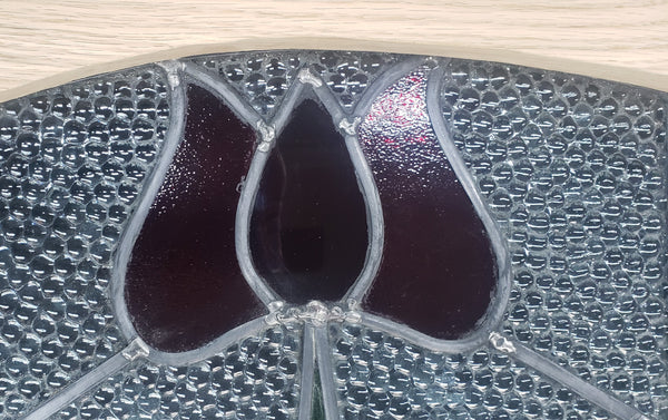 Half Moon Stained Glass Window with Red Tulips in Red Oak Frame #GA2263