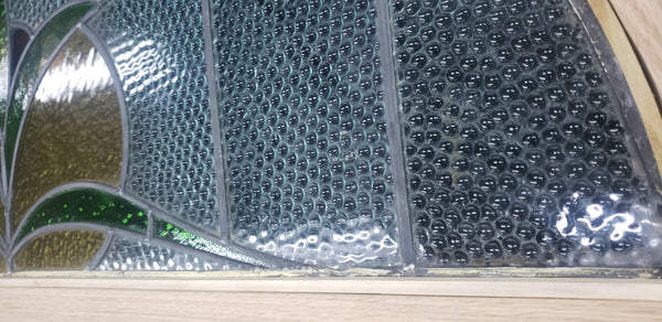 Half Moon Stained Glass Window with Red Tulips in Red Oak Frame #GA2263