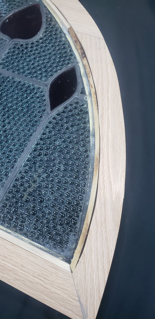 Half Moon Stained Glass Window with Red Tulips in Red Oak Frame #GA2263