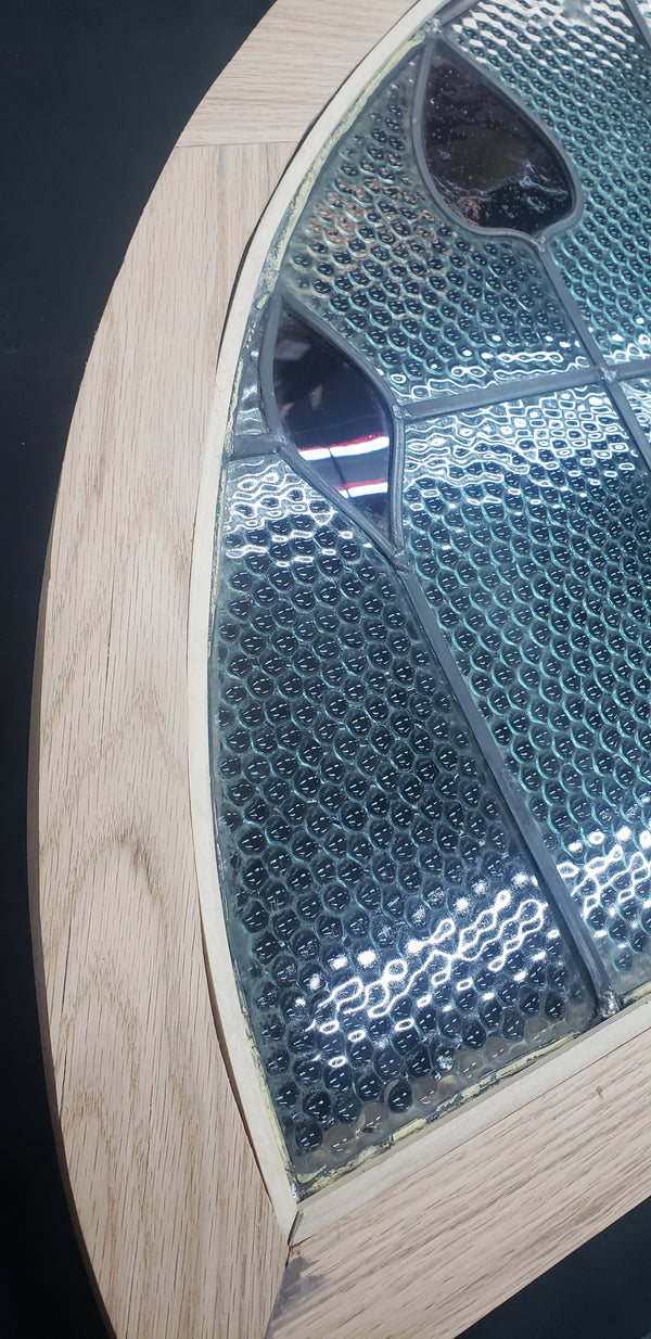 Half Moon Stained Glass Window with Red Tulips in Red Oak Frame #GA2263