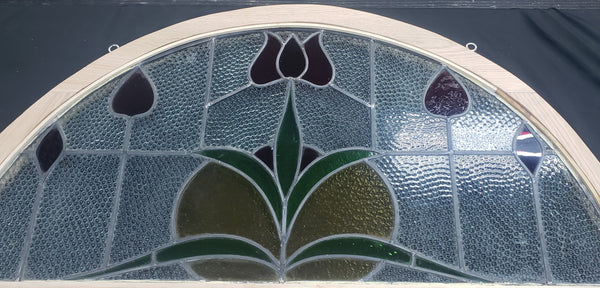 Half Moon Stained Glass Window with Red Tulips in Red Oak Frame #GA2263