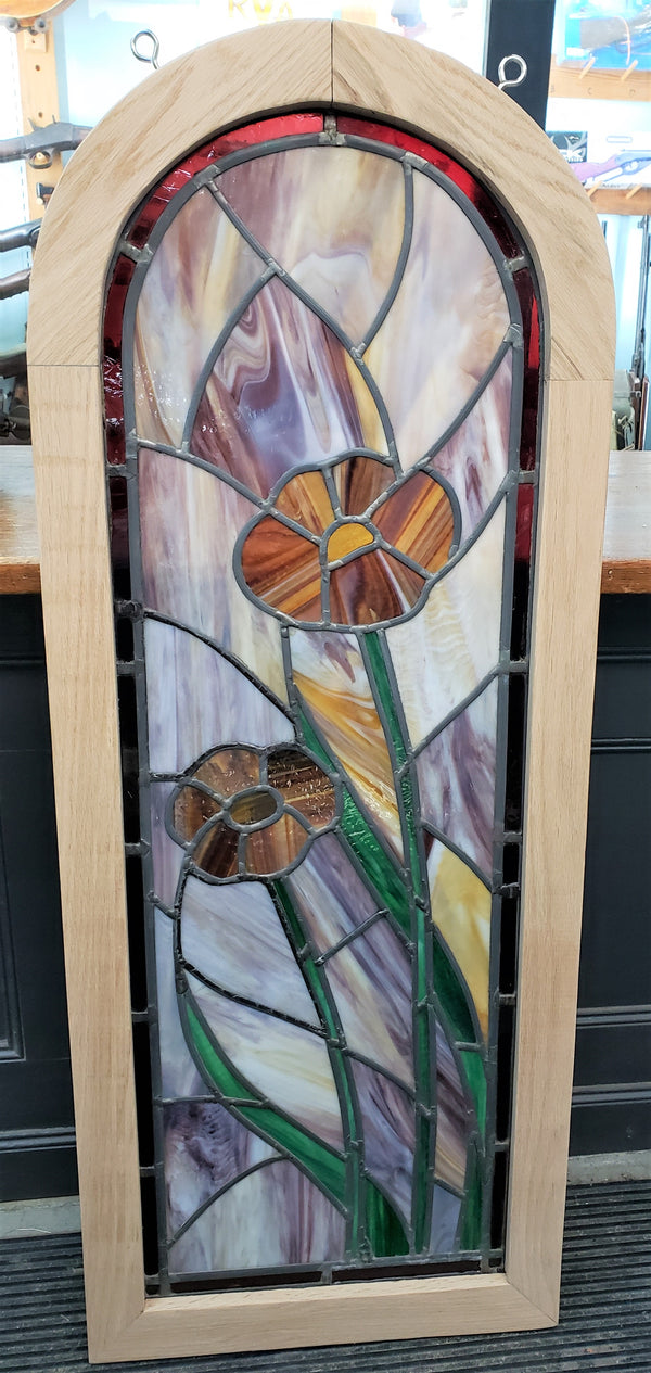 Arch Top Stained Glass Window with Multi Colored Floral Design in Red Oak Frame #GA2265