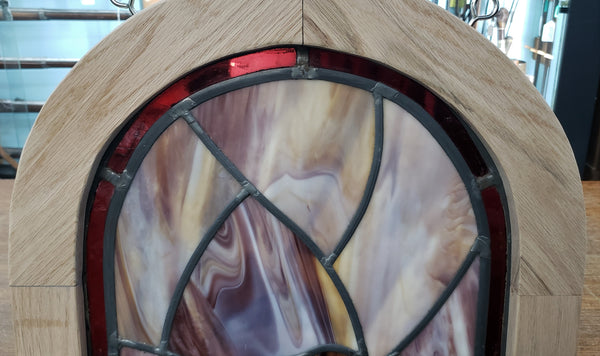 Arch Top Stained Glass Window with Multi Colored Floral Design in Red Oak Frame #GA2265