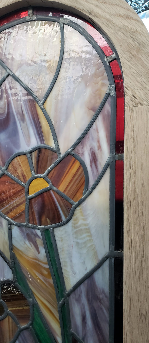 Arch Top Stained Glass Window with Multi Colored Floral Design in Red Oak Frame #GA2265