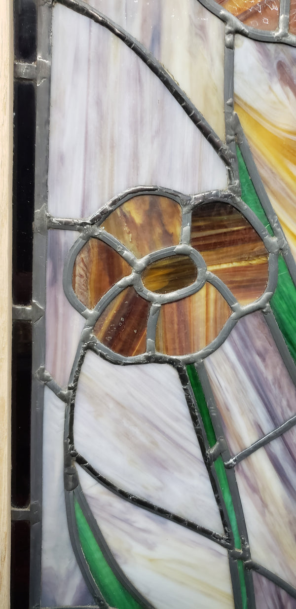 Arch Top Stained Glass Window with Multi Colored Floral Design in Red Oak Frame #GA2265