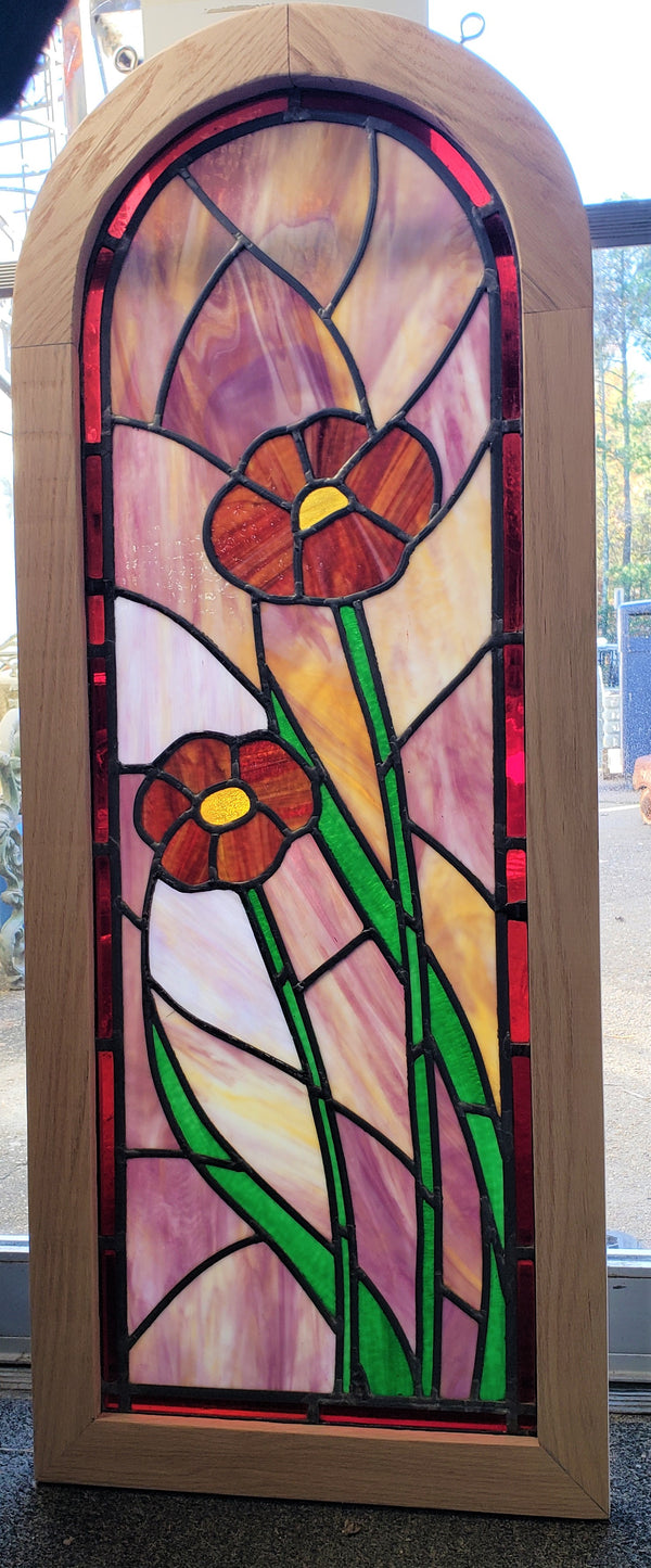 Arch Top Stained Glass Window with Multi Colored Floral Design in Red Oak Frame #GA2265