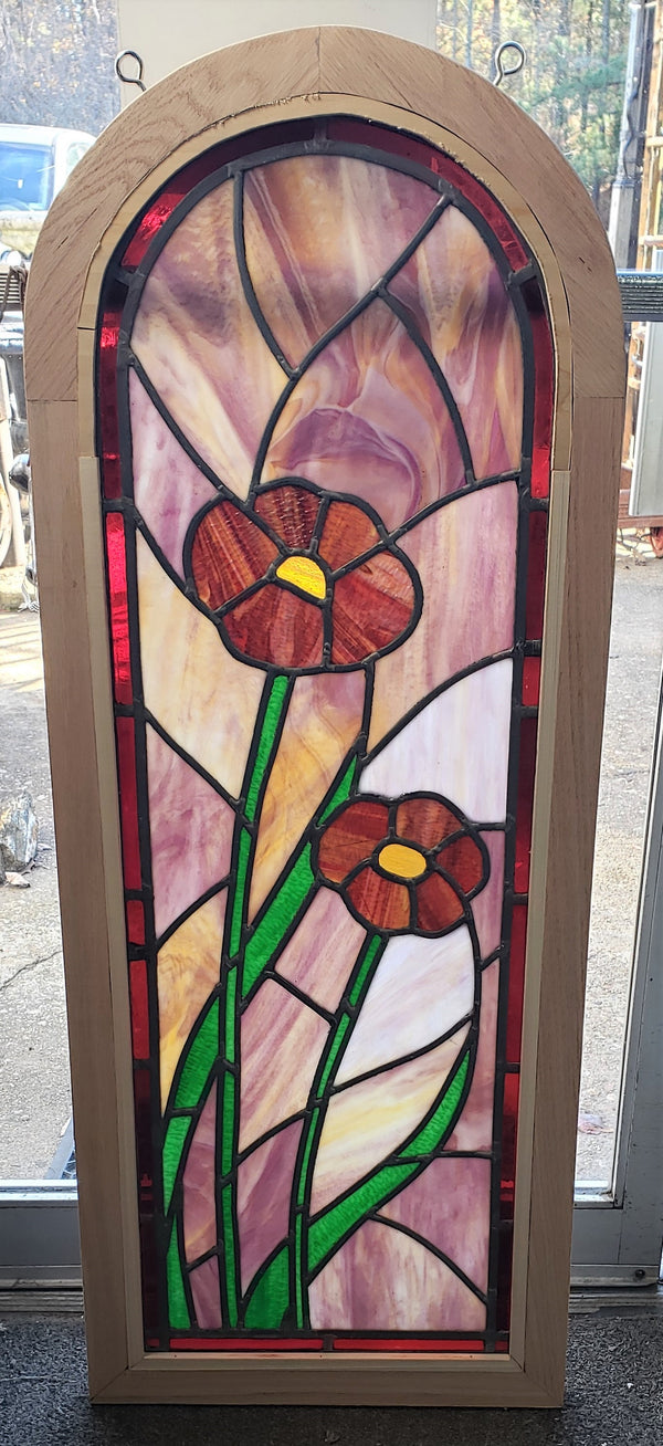 Arch Top Stained Glass Window with Multi Colored Floral Design in Red Oak Frame #GA2265