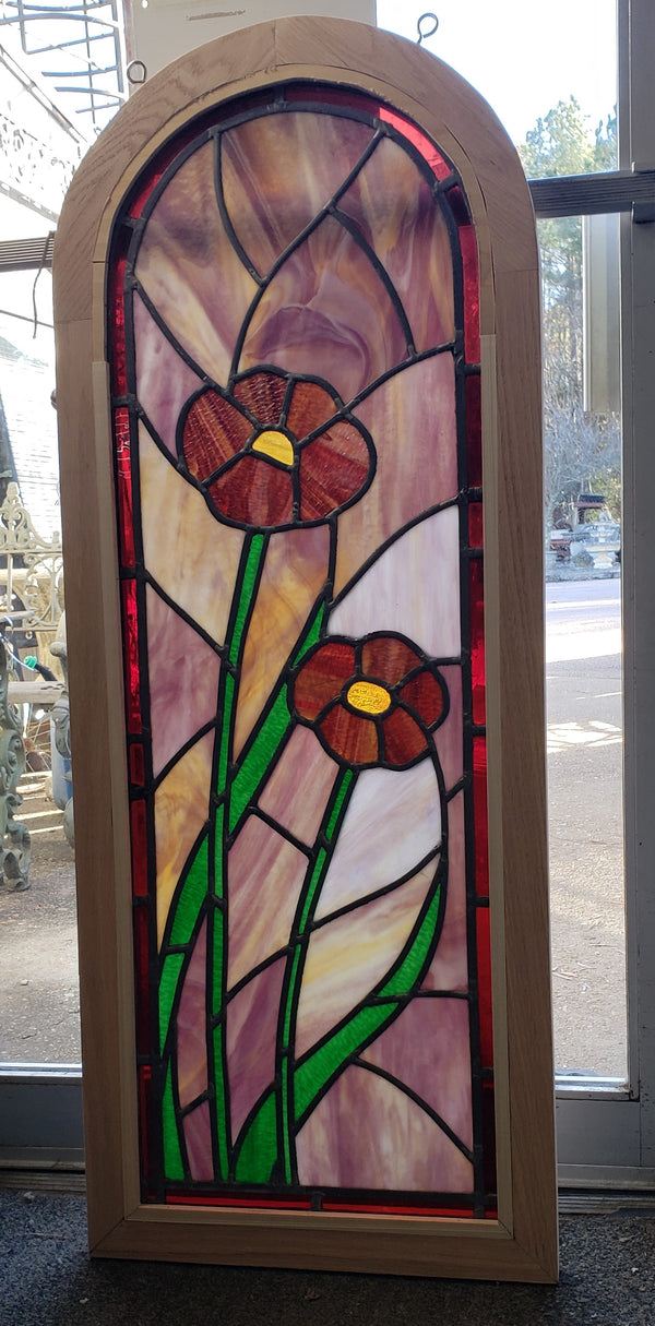 Arch Top Stained Glass Window with Multi Colored Floral Design in Red Oak Frame #GA2265