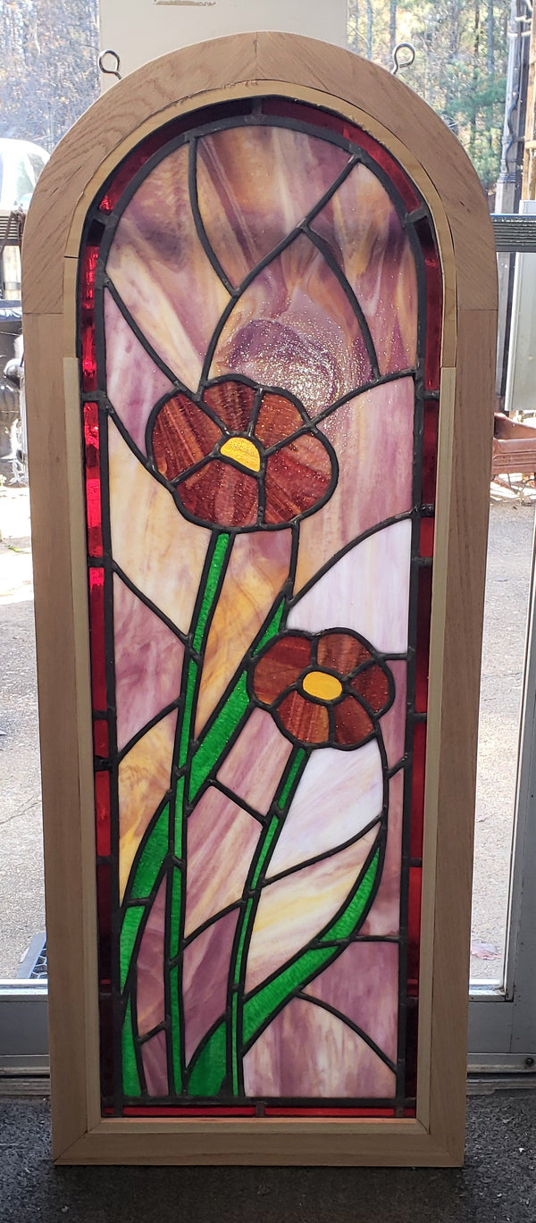 Arch Top Stained Glass Window with Multi Colored Floral Design in Red Oak Frame #GA2265