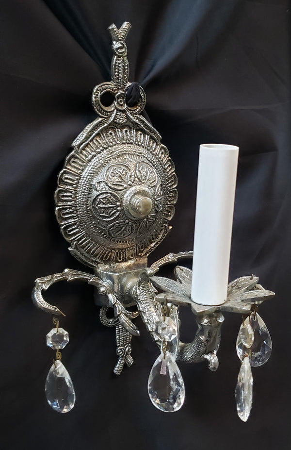 Antique Art Deco Silver Toned 1 Light Wall Sconce with Teardrop Crystal Prisms #GA2286
