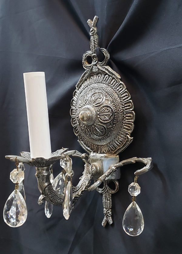 Antique Art Deco Silver Toned 1 Light Wall Sconce with Teardrop Crystal Prisms #GA2286