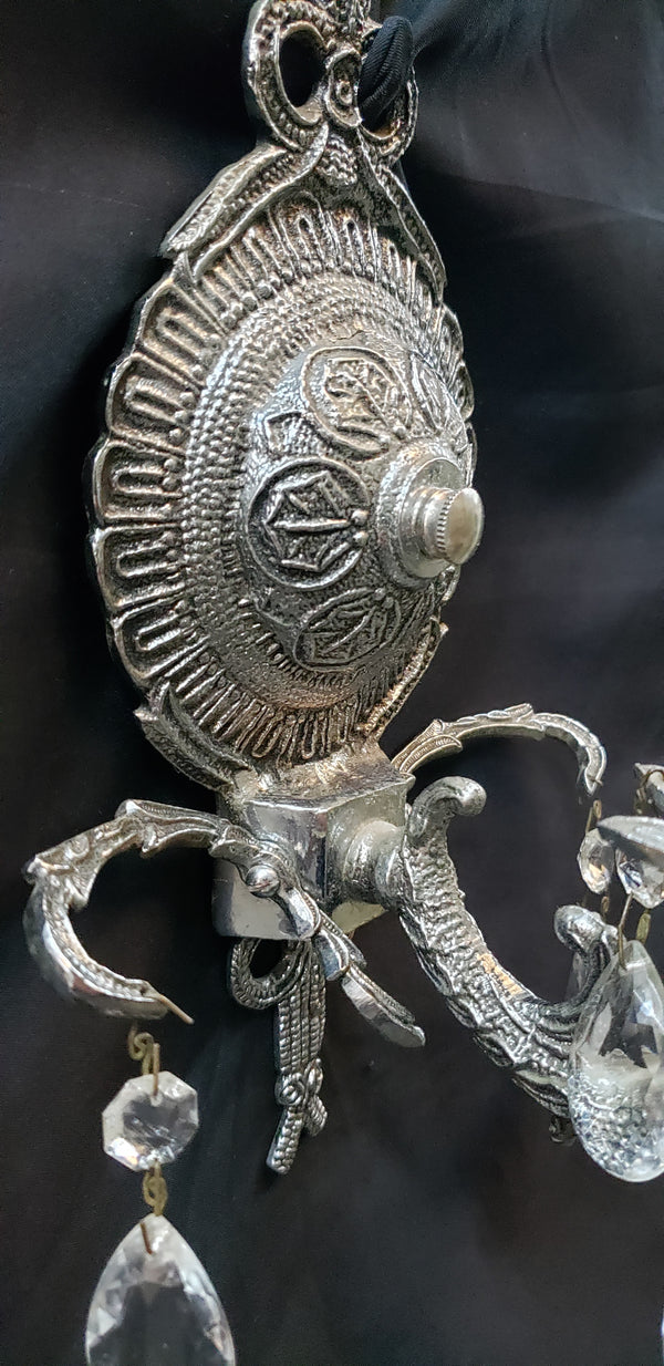 Antique Art Deco Silver Toned 1 Light Wall Sconce with Teardrop Crystal Prisms #GA2286