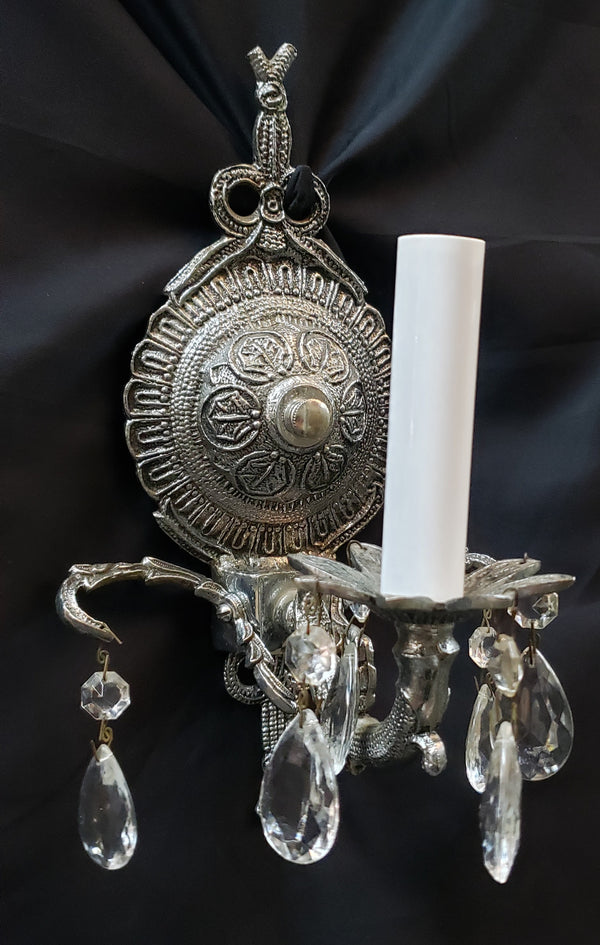 Antique Art Deco Silver Toned 1 Light Wall Sconce with Teardrop Crystal Prisms #GA2286