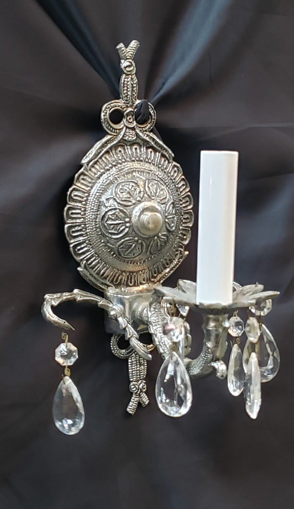 Antique Art Deco Silver Toned 1 Light Wall Sconce with Teardrop Crystal Prisms #GA2286