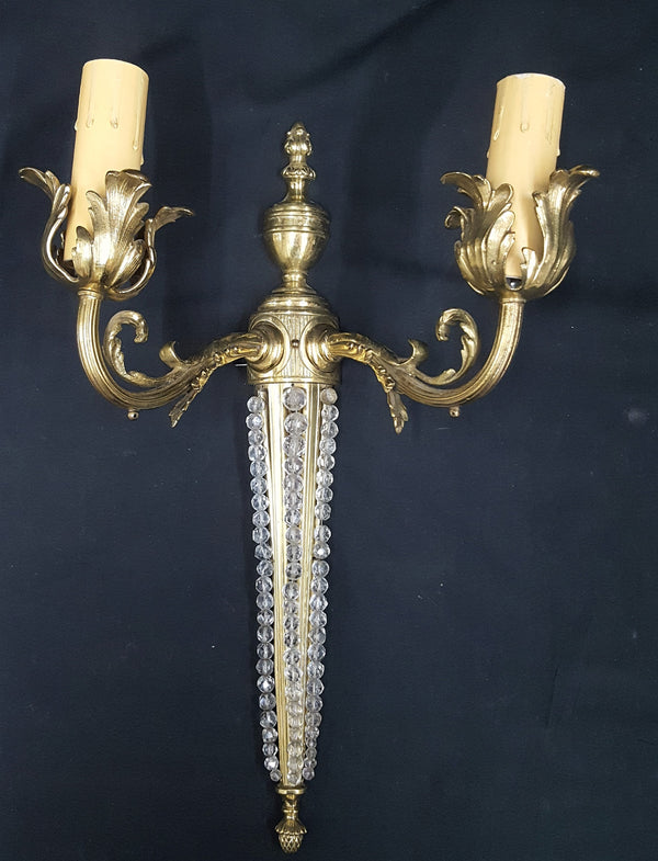 Antique Art Nouveau 2 Light Brass Wall Sconce with Beading & Pineapple Finial #GA2287