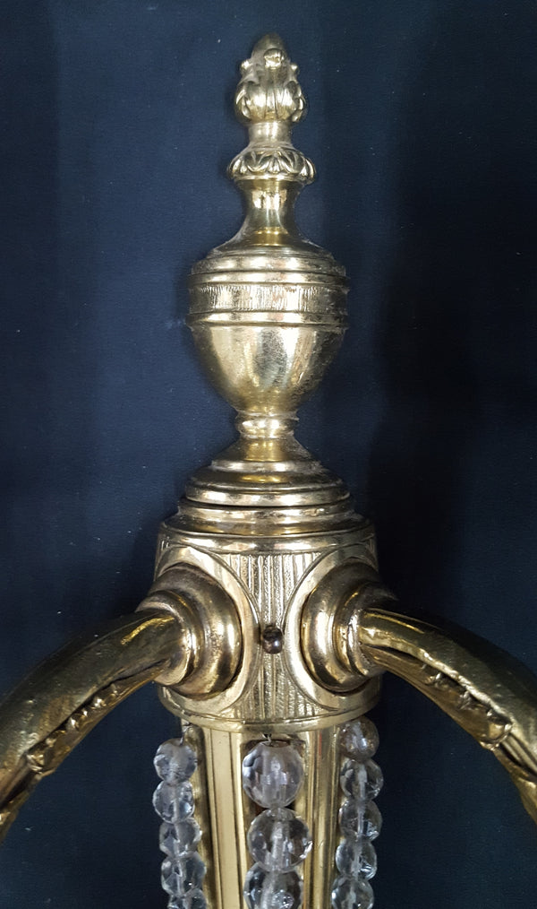 Antique Art Nouveau 2 Light Brass Wall Sconce with Beading & Pineapple Finial #GA2287
