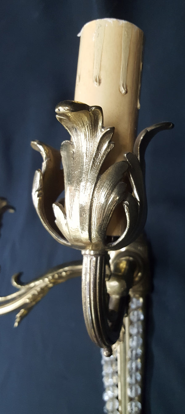 Antique Art Nouveau 2 Light Brass Wall Sconce with Beading & Pineapple Finial #GA2287