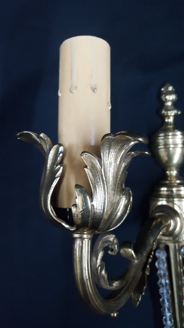 Antique Art Nouveau 2 Light Brass Wall Sconce with Beading & Pineapple Finial #GA2287