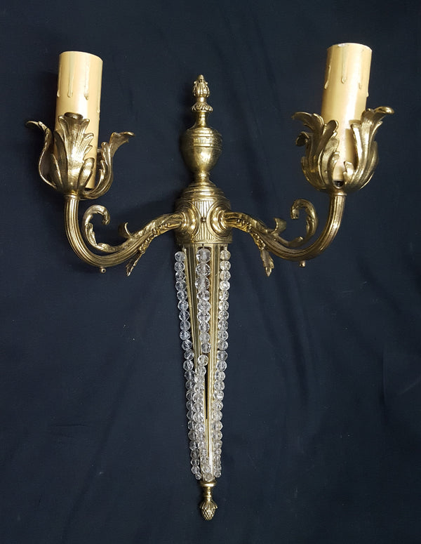 Antique Art Nouveau 2 Light Brass Wall Sconce with Beading & Pineapple Finial #GA2287