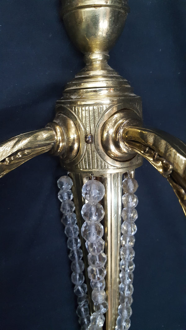 Antique Art Nouveau 2 Light Brass Wall Sconce with Beading & Pineapple Finial #GA2287