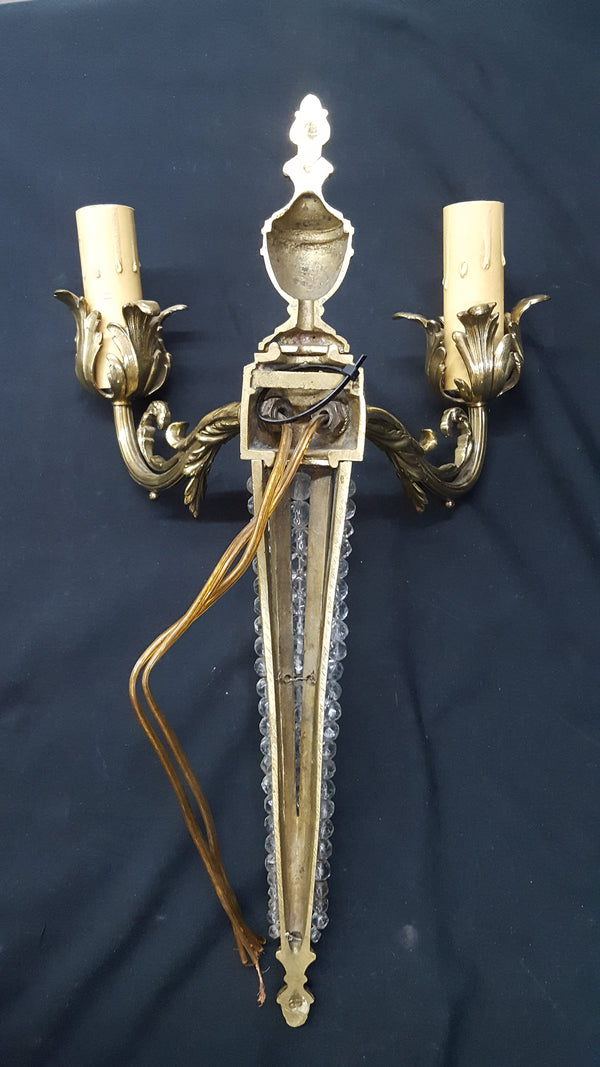 Antique Art Nouveau 2 Light Brass Wall Sconce with Beading & Pineapple Finial #GA2287