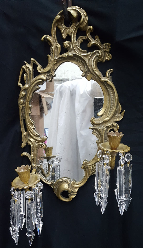 Antique Art Nouveau Brass 2 Candle Mirror Sconce with Hanging Cut Crystal Prisms #GA2288