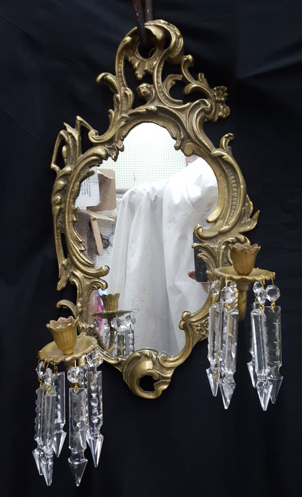 Antique Art Nouveau Brass 2 Candle Mirror Sconce with Hanging Cut Crystal Prisms #GA2288