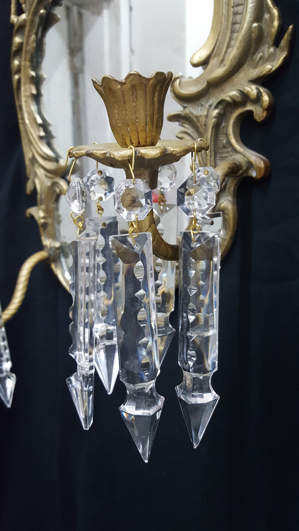 Antique Art Nouveau Brass 2 Candle Mirror Sconce with Hanging Cut Crystal Prisms #GA2288