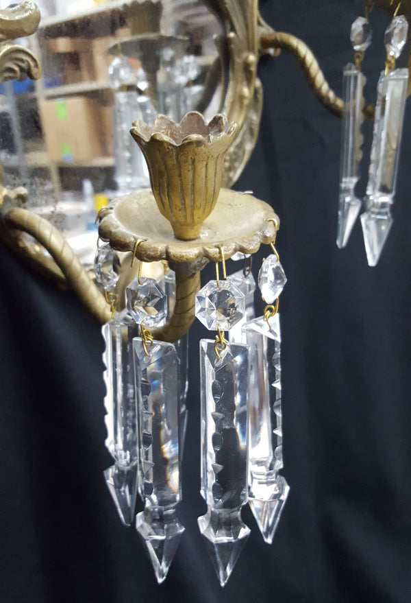 Antique Art Nouveau Brass 2 Candle Mirror Sconce with Hanging Cut Crystal Prisms #GA2288