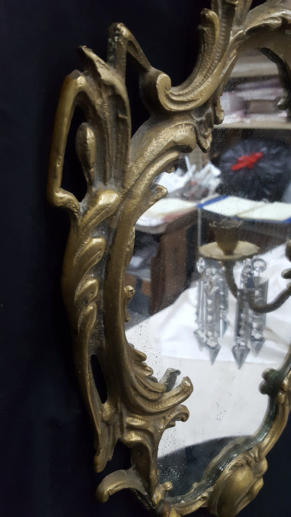 Antique Art Nouveau Brass 2 Candle Mirror Sconce with Hanging Cut Crystal Prisms #GA2288