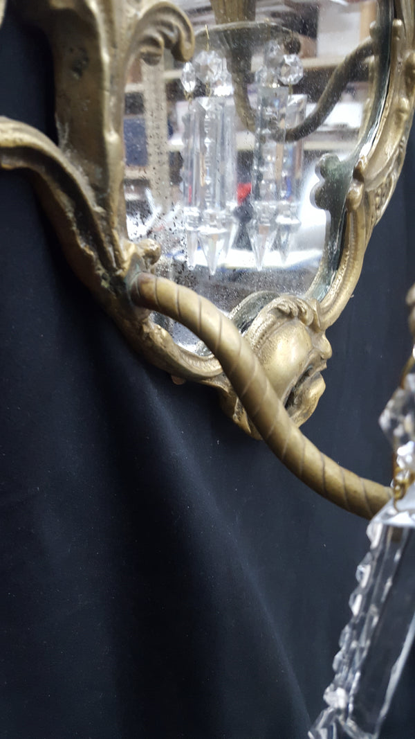 Antique Art Nouveau Brass 2 Candle Mirror Sconce with Hanging Cut Crystal Prisms #GA2288