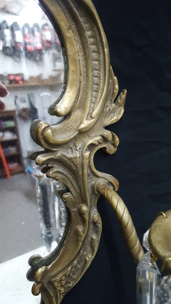 Antique Art Nouveau Brass 2 Candle Mirror Sconce with Hanging Cut Crystal Prisms #GA2288