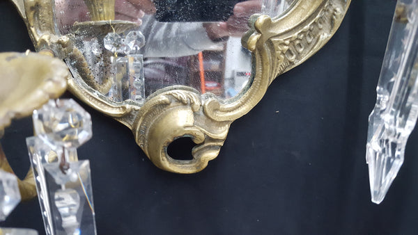 Antique Art Nouveau Brass 2 Candle Mirror Sconce with Hanging Cut Crystal Prisms #GA2288