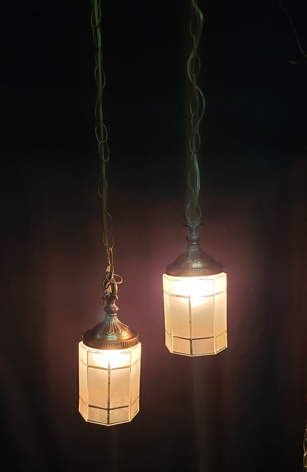Double Pendant Light with Frosted Octagon Shaped Shades & Matching Ceiling Cap #GA9062