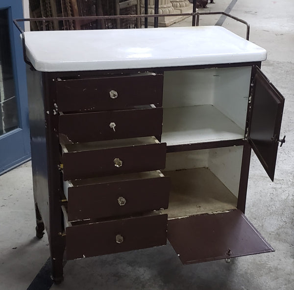 Antique Medical Chest on Wheels with Cast Iron Porcelain Coated Top #GA9071
