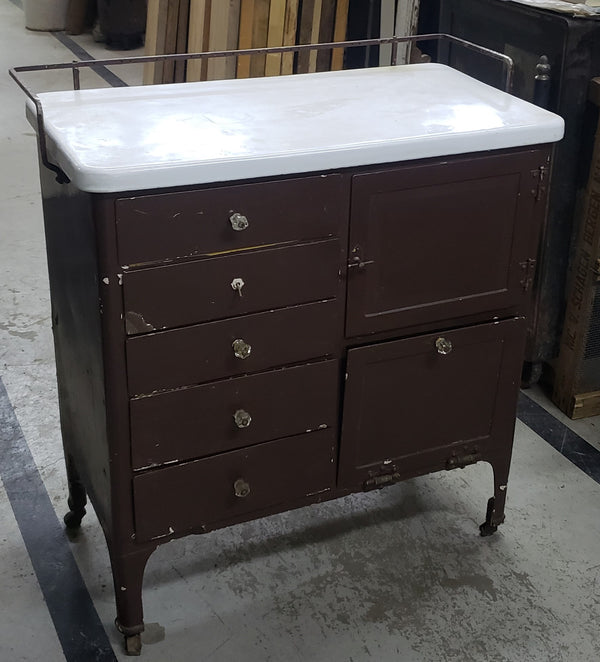 Antique Medical Chest on Wheels with Cast Iron Porcelain Coated Top #GA9071