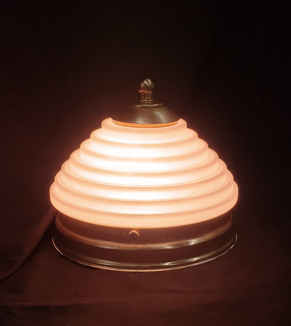 Art Deco Opaque White Glass Bullseye & Brass Flush Mount Ceiling Light #GA9077
