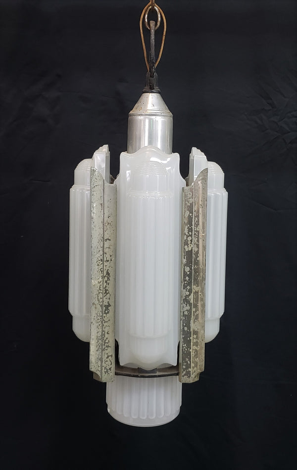 Rare Art Deco Slip Shade Pendant Light with Chrome Trim Ceiling Cap & Chain #GA9105