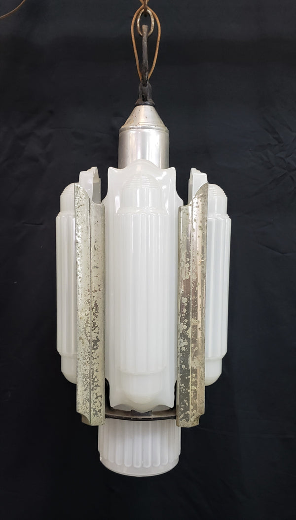 Rare Art Deco Slip Shade Pendant Light with Chrome Trim Ceiling Cap & Chain #GA9105