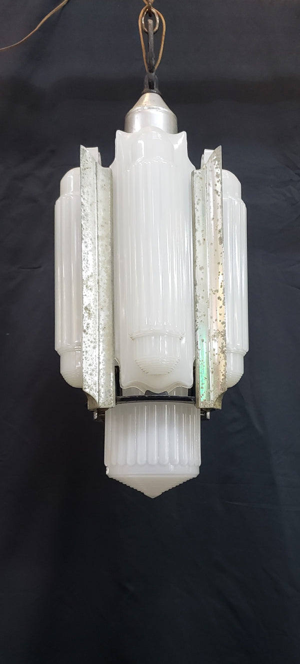 Rare Art Deco Slip Shade Pendant Light with Chrome Trim Ceiling Cap & Chain #GA9105