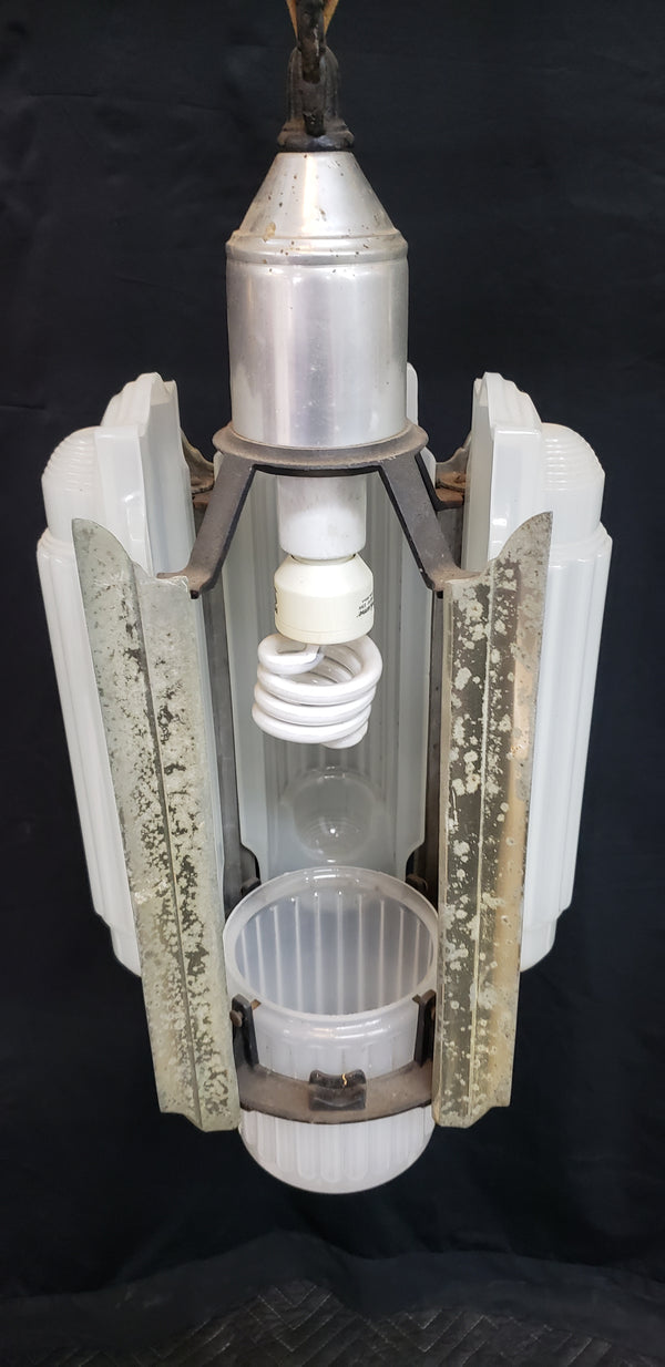 Rare Art Deco Slip Shade Pendant Light with Chrome Trim Ceiling Cap & Chain #GA9105